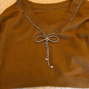 Express Brown V-Neck Sweater with Embellishment